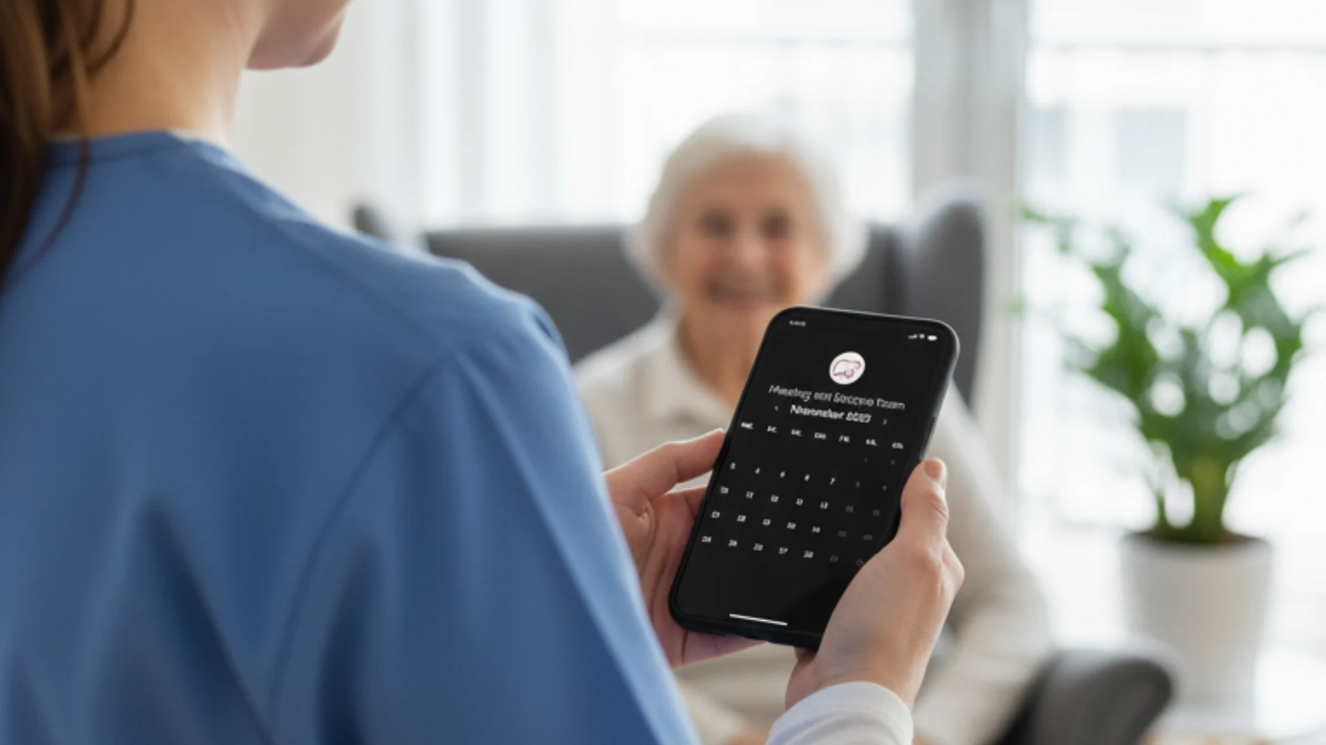 Eine Pflegekraft hält ein Smartphone mit einer Kalender-App zur Online-Terminbuchung vor einer Seniorin im Hintergrund.