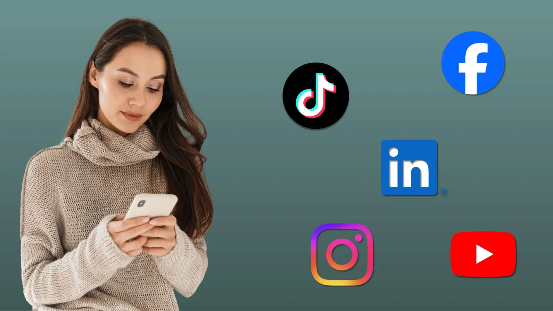 Frau mit Smartphone umgeben von Social-Media-Logos