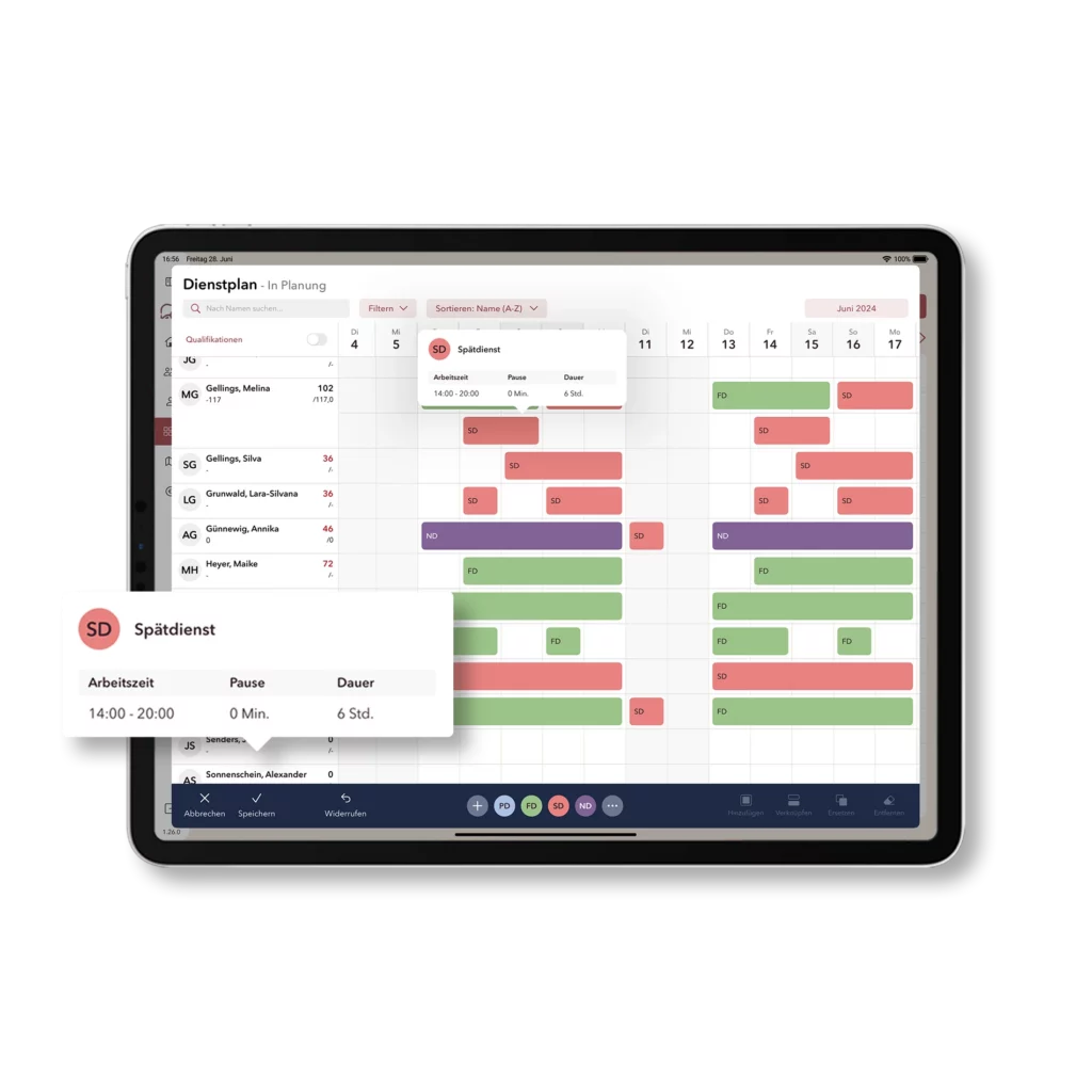 iPad-Ansicht der Bärcare Dienstplanung mit Fokus auf ein Detailfenster zum Spätdienst (Arbeitszeit 14:00 - 20:00 Uhr).