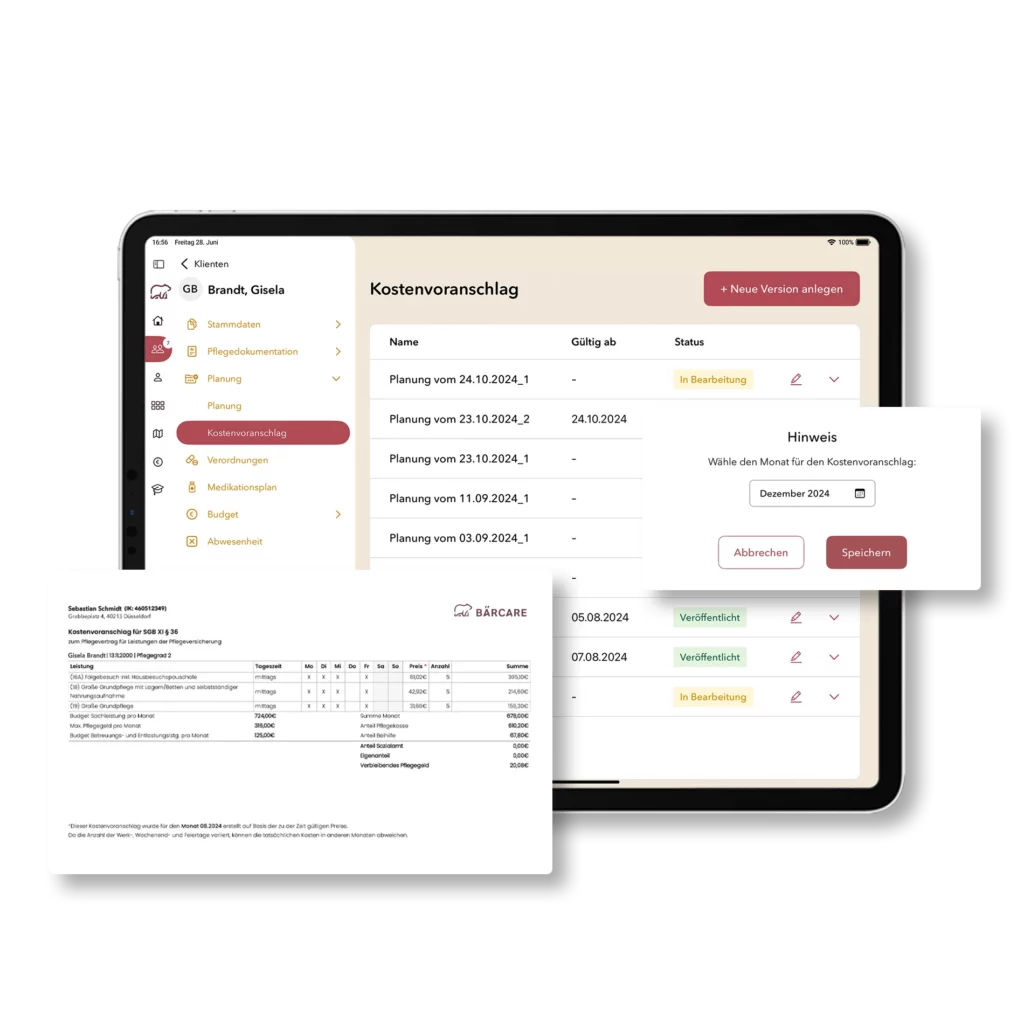 Bärcare Software-Ansicht zur Erstellung von Kostenvoranschlägen inklusive einer PDF-Vorschau für Leistungen nach SGB XI.