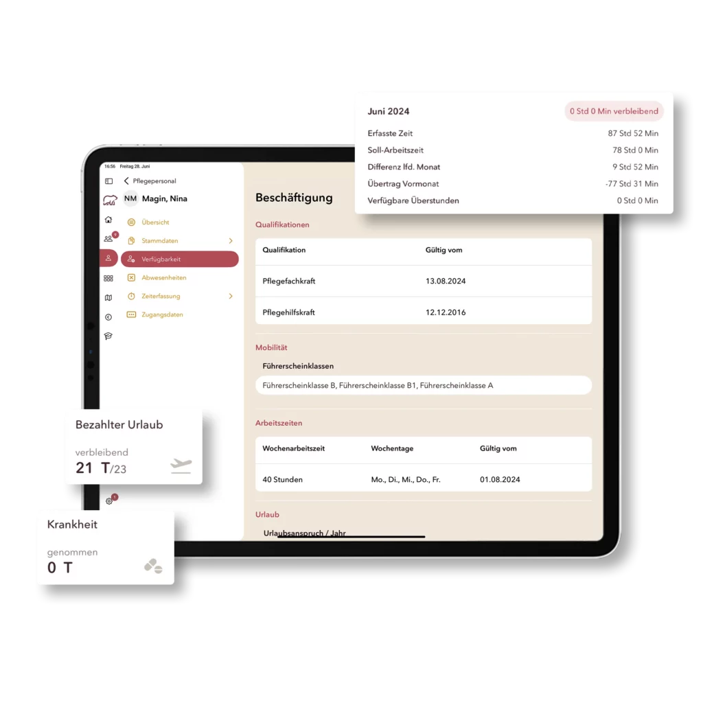 Mitarbeiter-Stammdaten in der Software mit Overlays zu Resturlaub, Krankheitstagen und erfassten Arbeitszeiten.