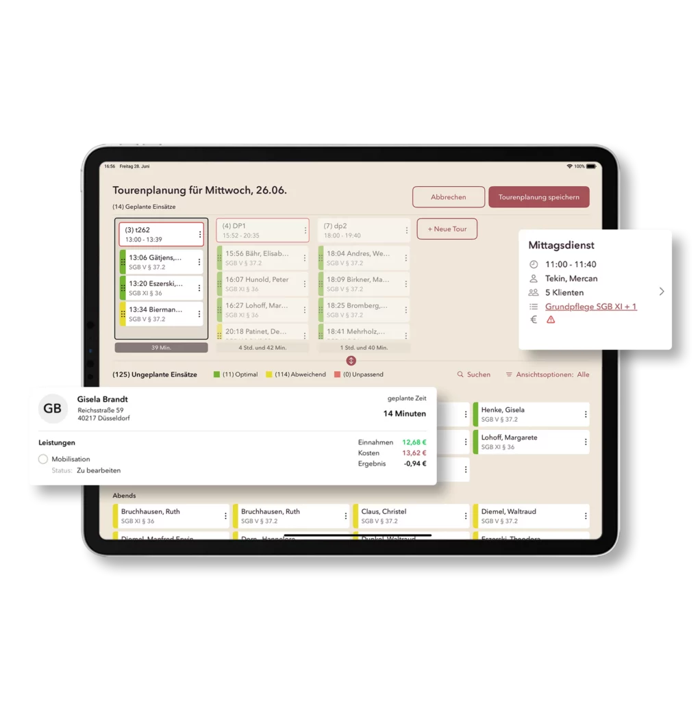 iPad mit Tourenplanung mit einer Übersicht geplanter Einsätze und Wirtschaftlichkeitsberechnung pro Tour.